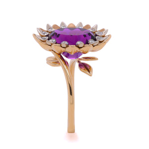 Gold Amethyst Sunflower Ring in yellow and White Gold with Diamonds