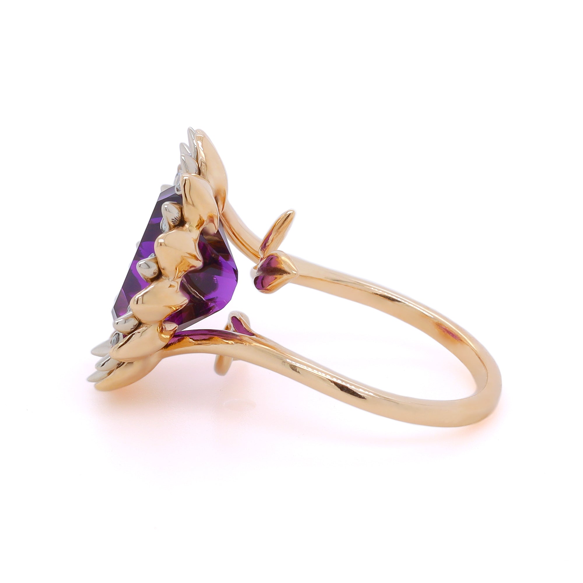 Luxury Gold Amethyst Sunflower Ring in yellow and White Gold with Diamonds