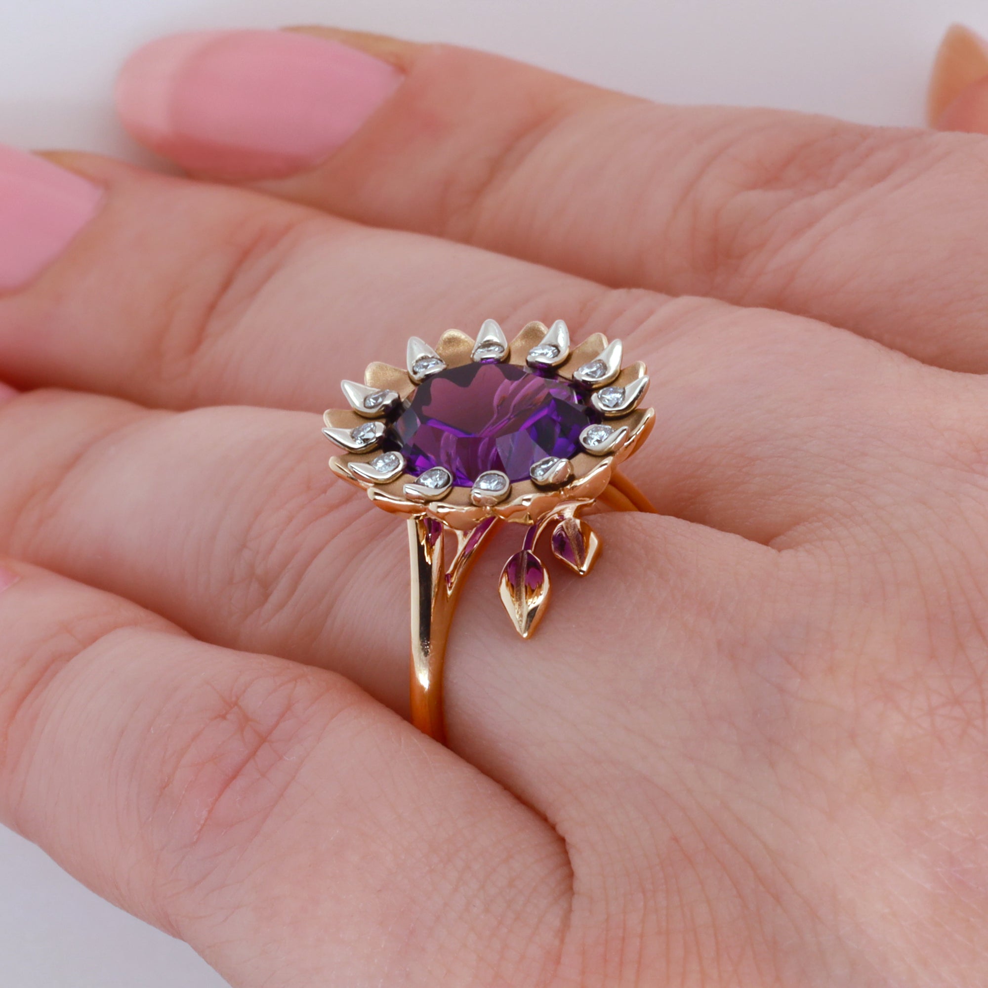 Gold Amethyst Sunflower Ring in yellow and White Gold with Diamonds