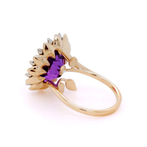 Luxury Statement Gold Amethyst Sunflower Ring in yellow and White Gold with Diamonds