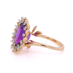 Statement Gold Amethyst Sunflower Ring in yellow and White Gold with Diamonds