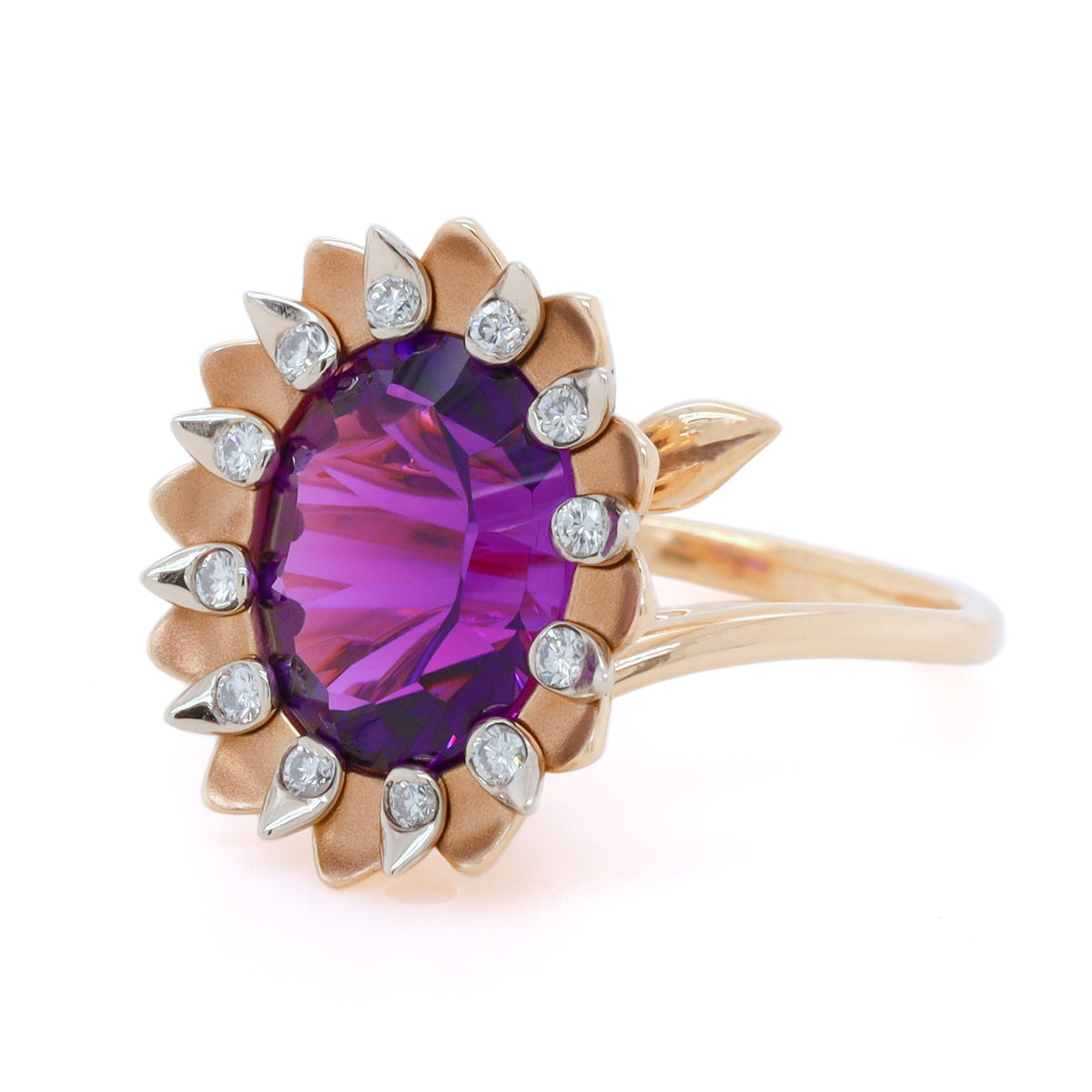 Gold Amethyst Sunflower Ring in yellow and White Gold with Diamonds