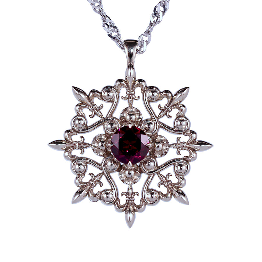 Octagon Fleur-de-Lis Gold Pendant with Rhodolite Garnet