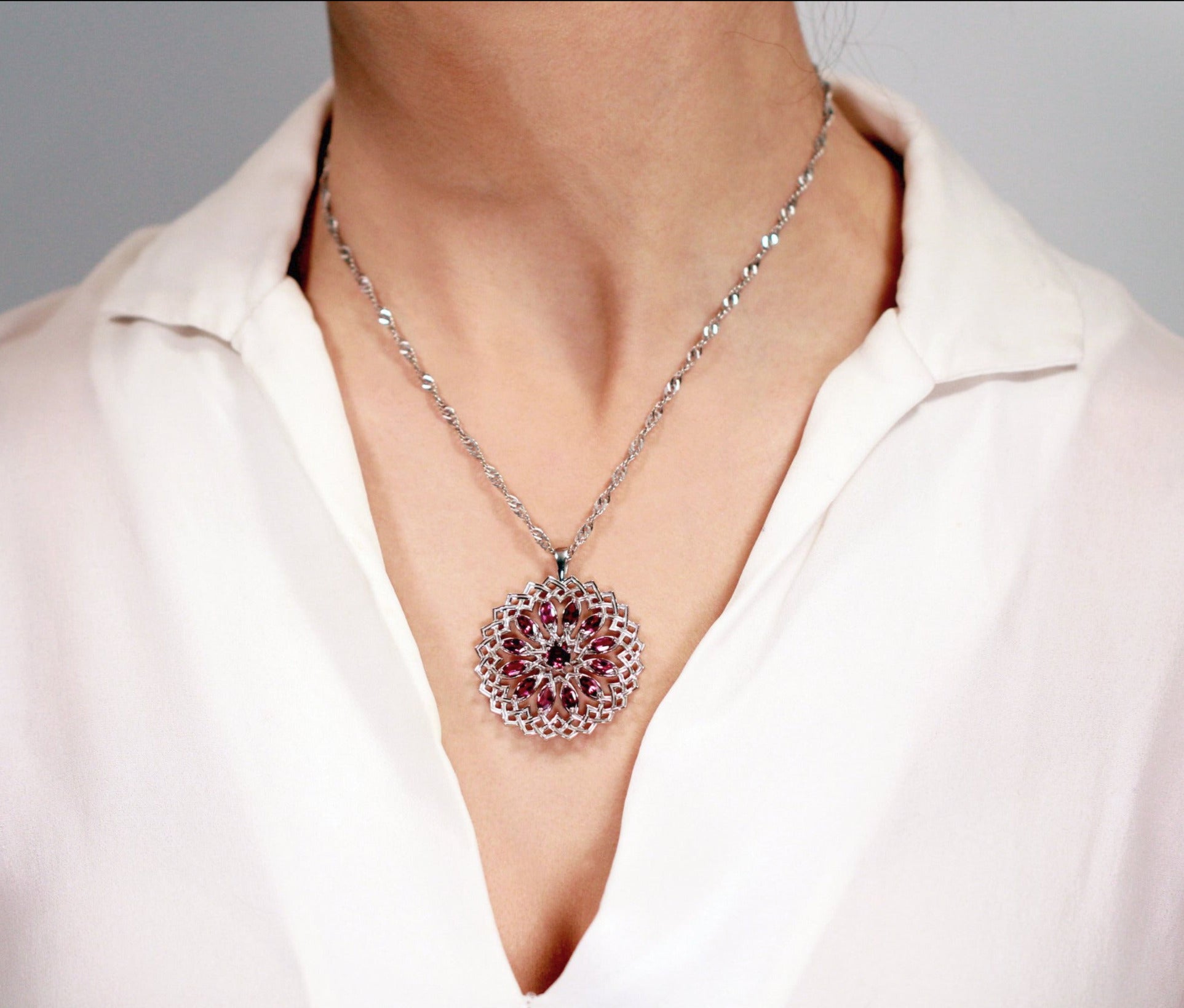 14k white gold rhodolite garnet lotus pendant, january birthday gift, january birthstone