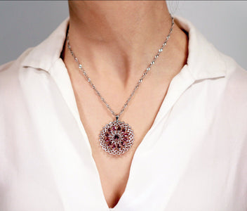 14k white gold rhodolite garnet lotus pendant, january birthday gift, january birthstone