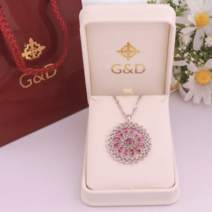 Gold Lotus Pendant with Rhodolites in 14K White Gold