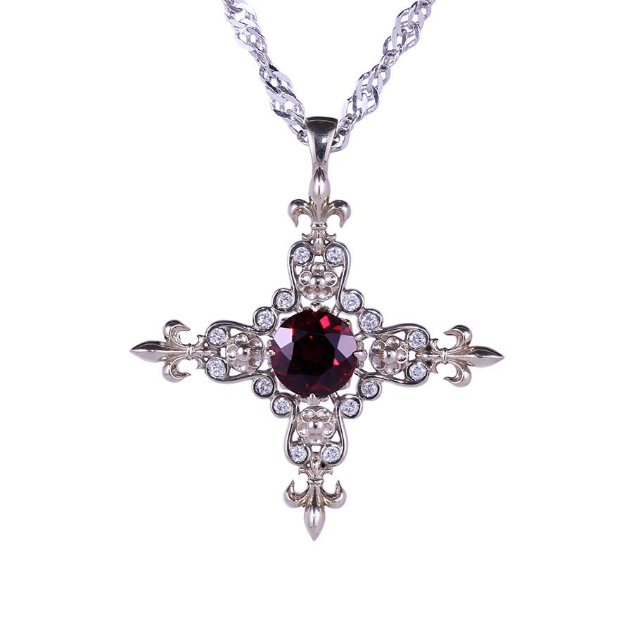 Fleur de lis Garnet Diamond Cross Pendant 